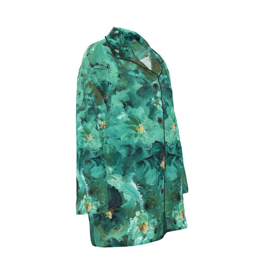Green Flowers 001 — Silk Pyjama Shirt (Day/Night Edition)