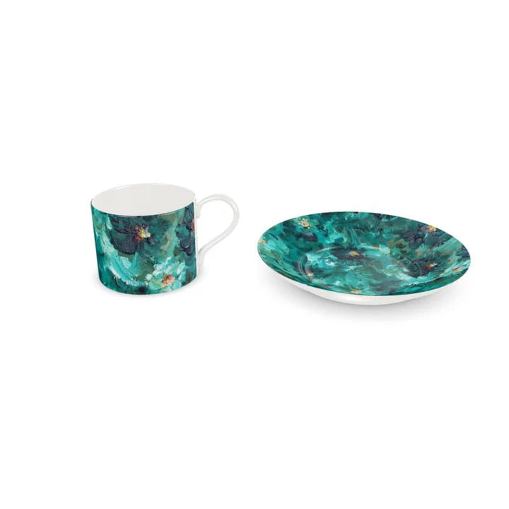 Green Flowers 001 Cup And Saucer