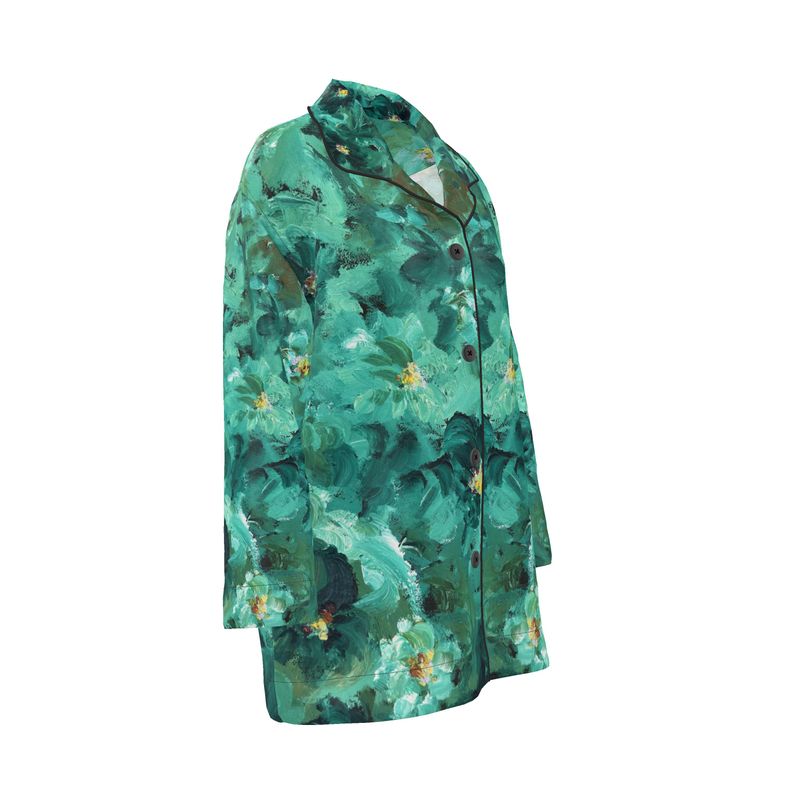 Green Flowers 001 — Silk Pyjama Shirt (Day/Night Edition)