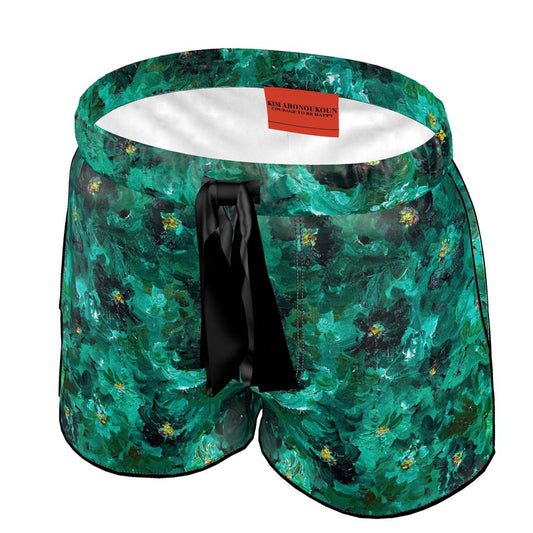 Green Flowers 001 - Silk Pyjama Shorts (Day/Night Edition)