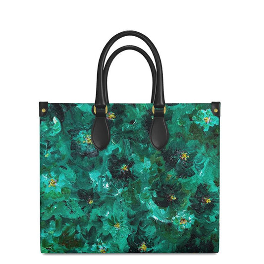 Green Flowers 001 - Large Leather Book Tote