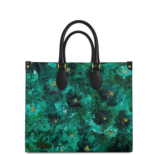 Green Flowers 001 - Large Leather Book Tote